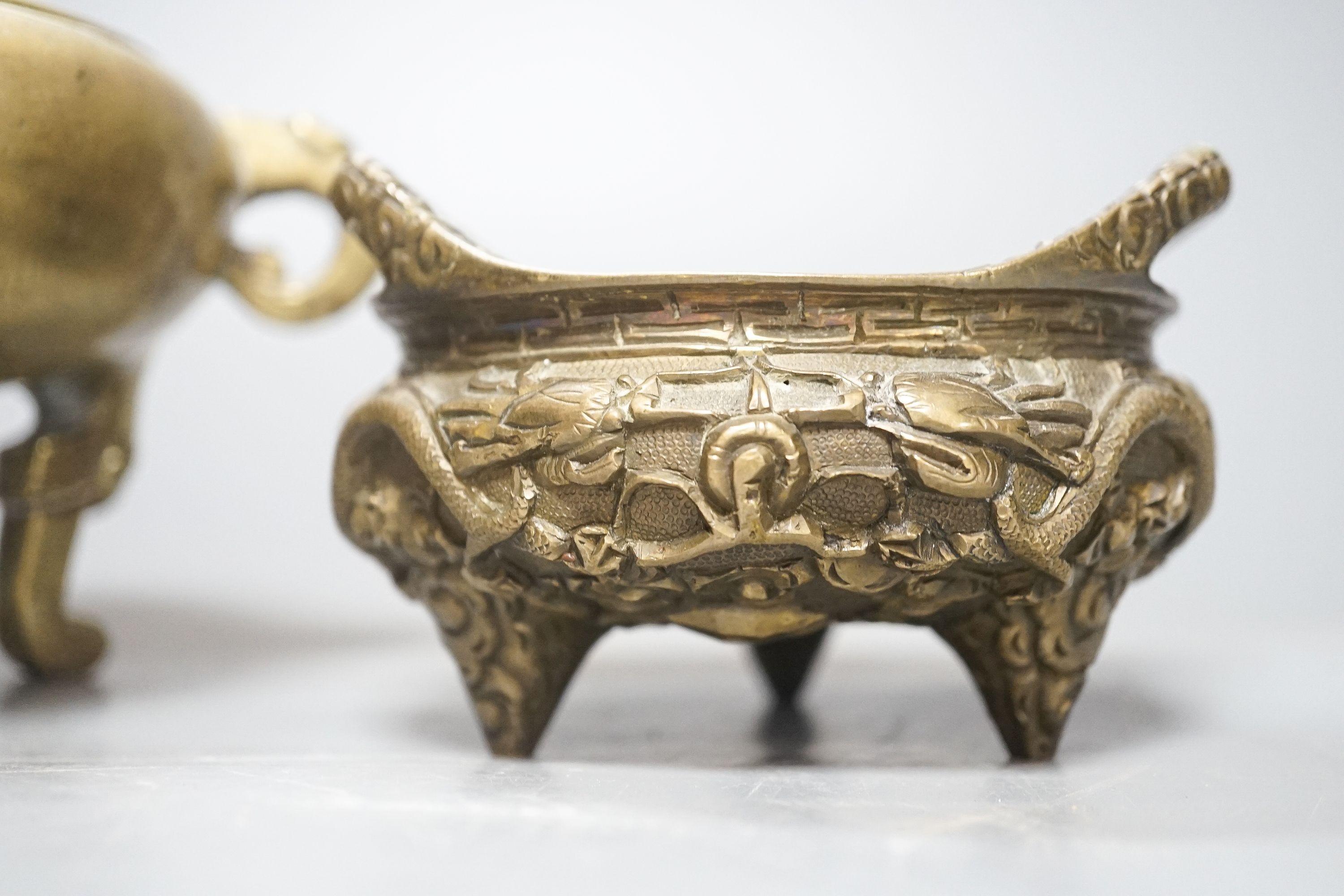 Two Chinese bronze tripod censers, Xuande marks but early 20th century, largest 21cm wide
